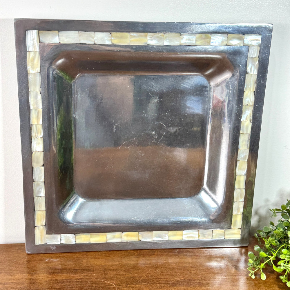 Towle Silversmiths Tray with Mother of Pearl Inlay Decor Made in India 12" x 12"